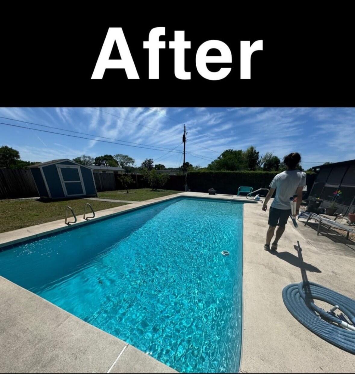 The same pool clear and blue after a green to clean service