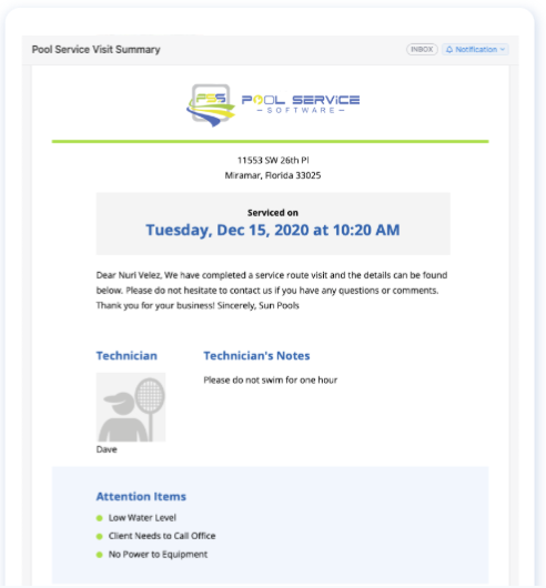 Sample pool visit report email with photos and chemical readings
